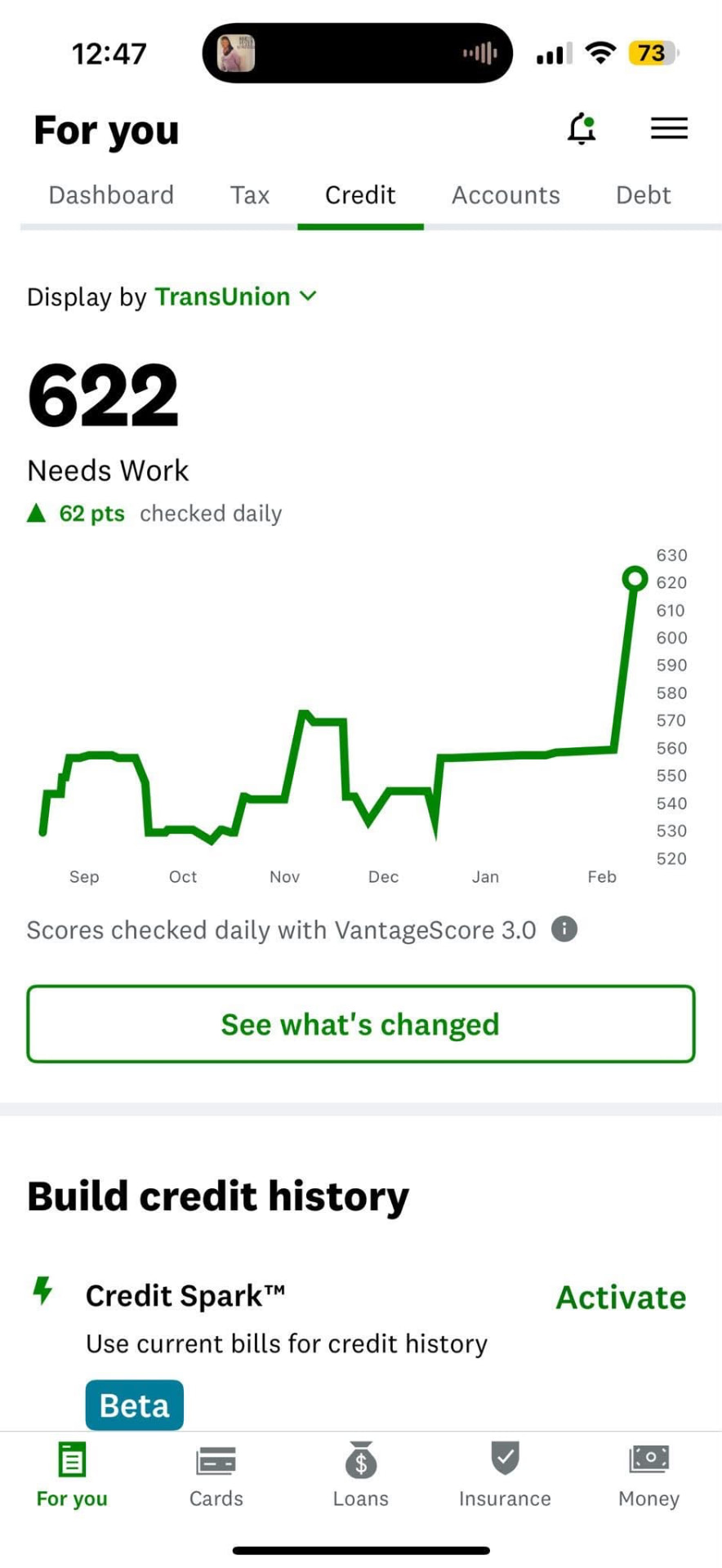 TransUnion score at 622 after a 62 point increase