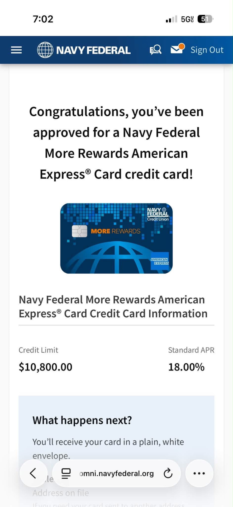 Client approved for a Navy Federal credit card with a $10,800 limit